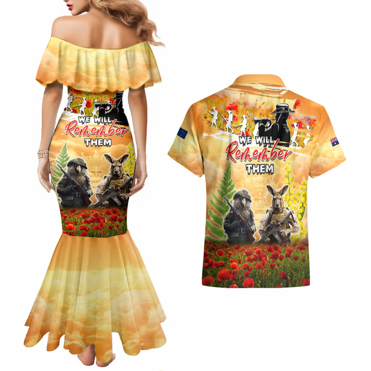 Australia And New Zealand ANZAC Day Couples Matching Mermaid Dress and Hawaiian Shirt Kangaroo And Kiwi Bird Soldiers Lest We Forget