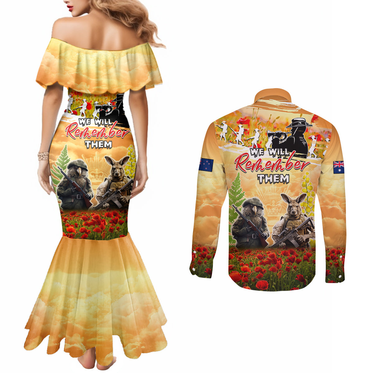 Australia And New Zealand ANZAC Day Couples Matching Mermaid Dress and Long Sleeve Button Shirt Kangaroo And Kiwi Bird Soldiers Lest We Forget