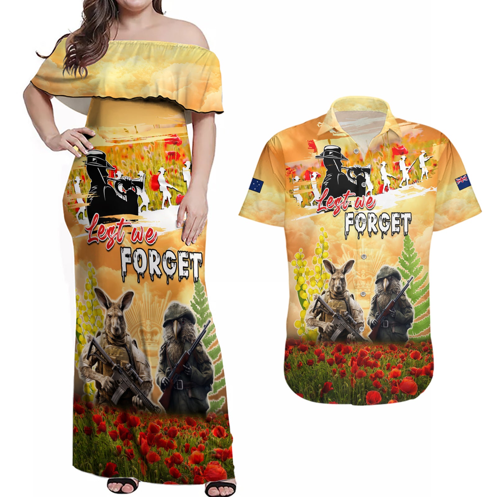 Australia And New Zealand ANZAC Day Couples Matching Off Shoulder Maxi Dress and Hawaiian Shirt Kangaroo And Kiwi Bird Soldiers Lest We Forget