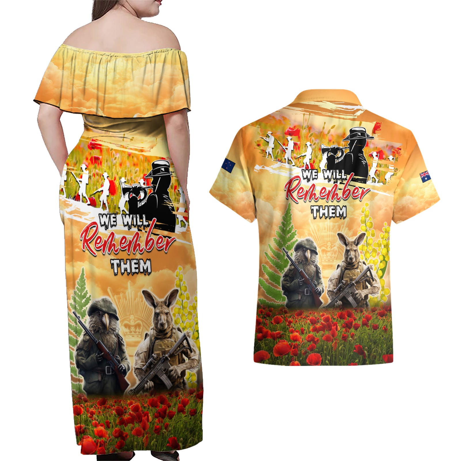 Australia And New Zealand ANZAC Day Couples Matching Off Shoulder Maxi Dress and Hawaiian Shirt Kangaroo And Kiwi Bird Soldiers Lest We Forget