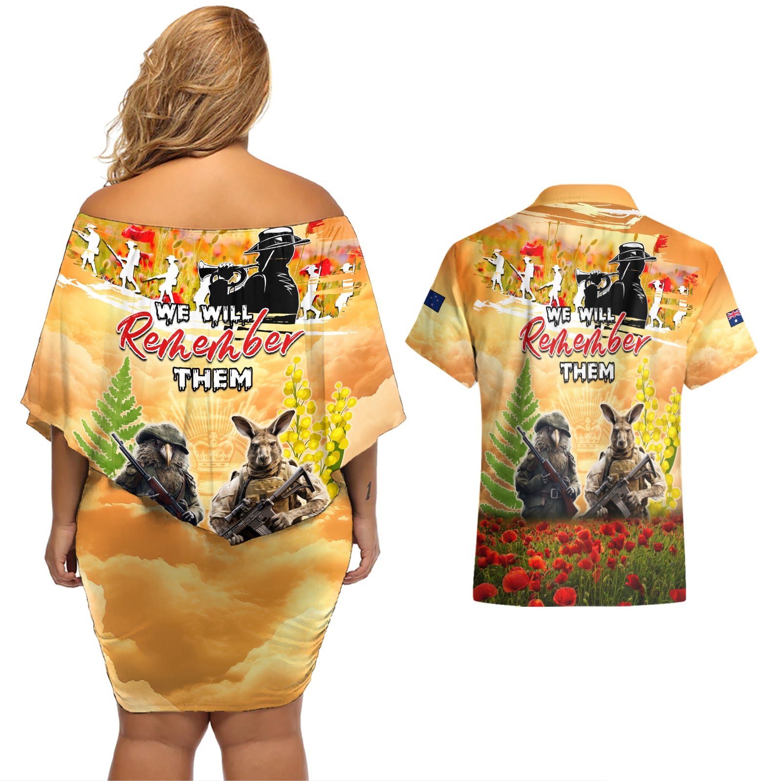 Australia And New Zealand ANZAC Day Couples Matching Off Shoulder Short Dress and Hawaiian Shirt Kangaroo And Kiwi Bird Soldiers Lest We Forget