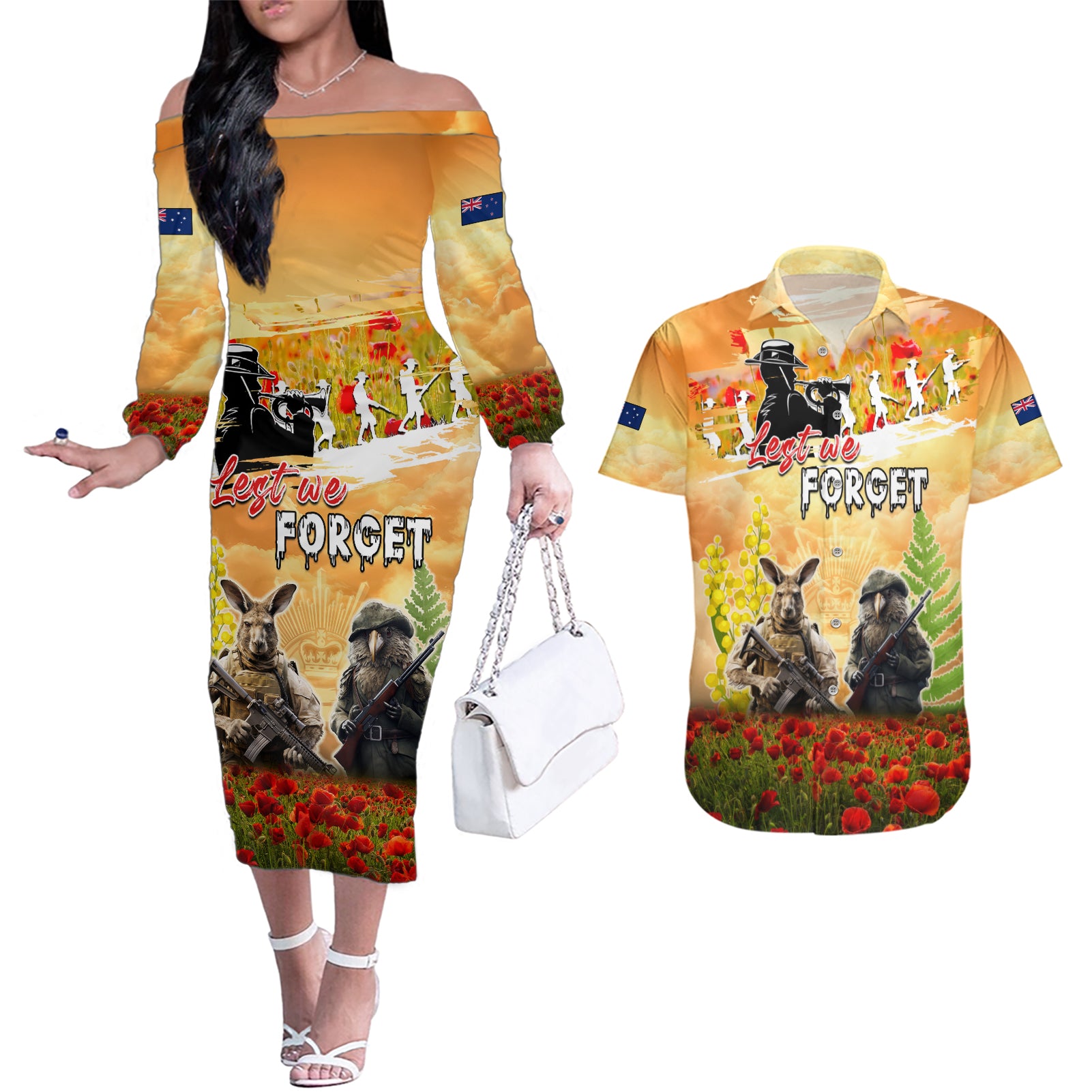 Australia And New Zealand ANZAC Day Couples Matching Off The Shoulder Long Sleeve Dress and Hawaiian Shirt Kangaroo And Kiwi Bird Soldiers Lest We Forget