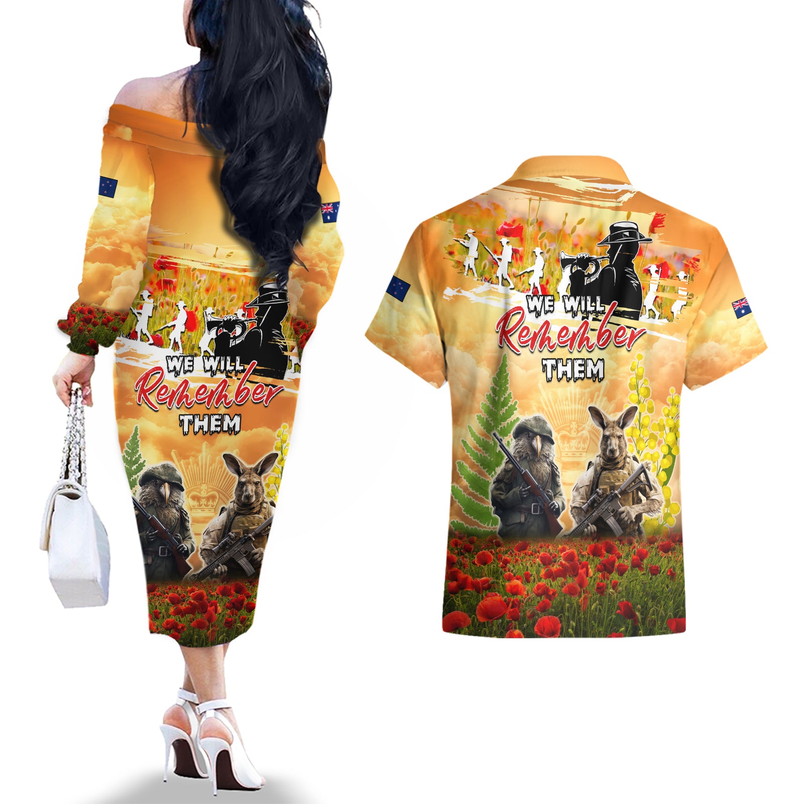 Australia And New Zealand ANZAC Day Couples Matching Off The Shoulder Long Sleeve Dress and Hawaiian Shirt Kangaroo And Kiwi Bird Soldiers Lest We Forget