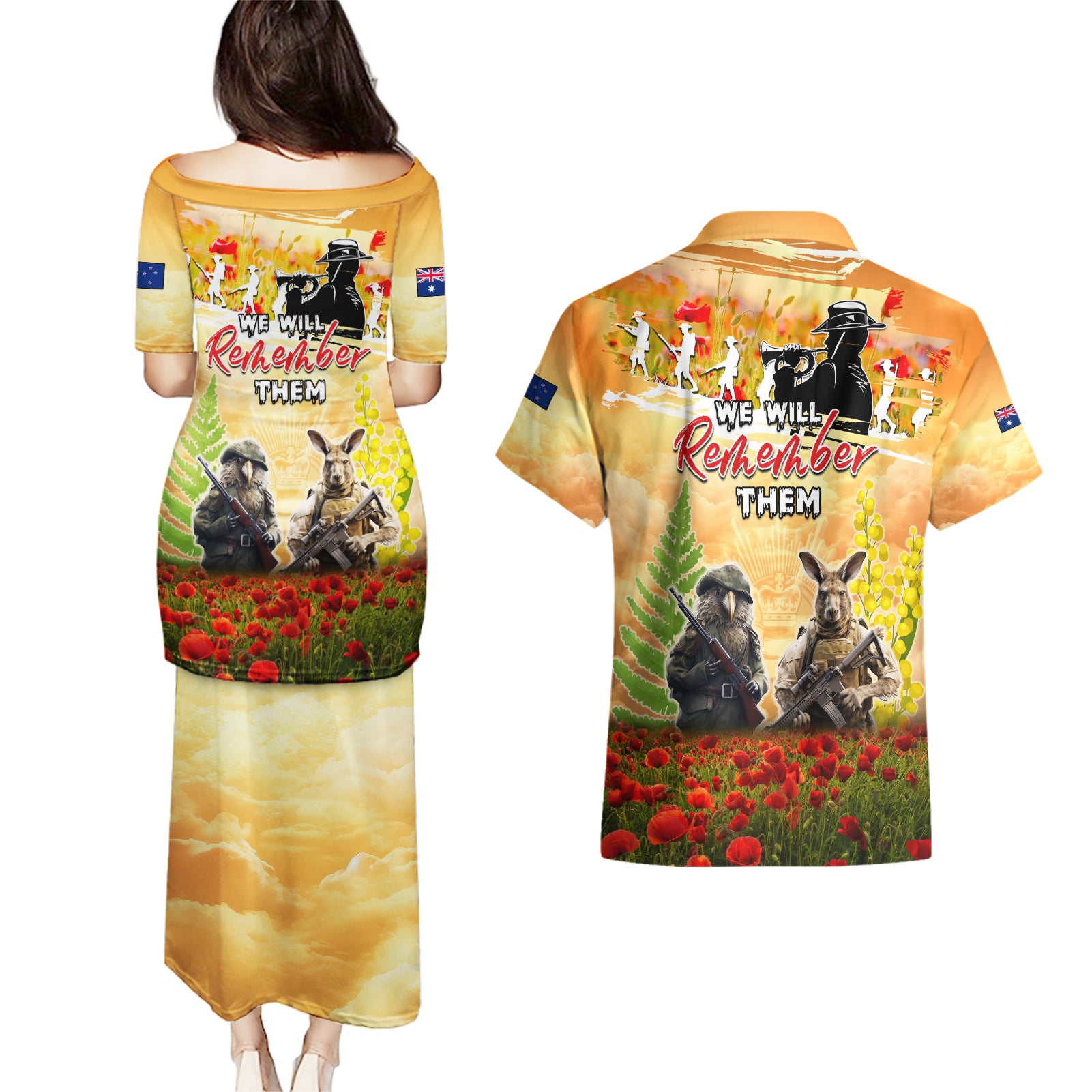 Australia And New Zealand ANZAC Day Couples Matching Puletasi and Hawaiian Shirt Kangaroo And Kiwi Bird Soldiers Lest We Forget