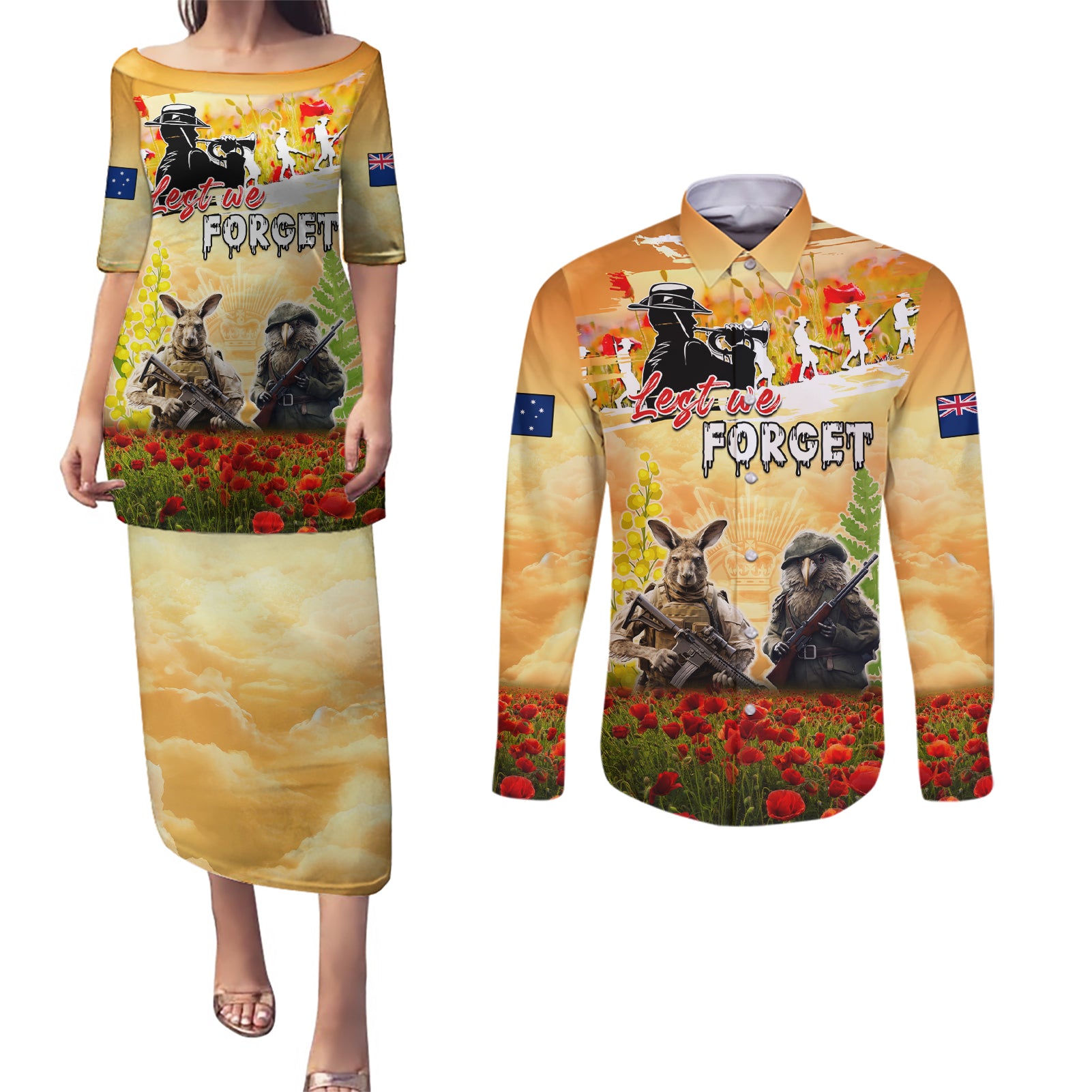 Australia And New Zealand ANZAC Day Couples Matching Puletasi and Long Sleeve Button Shirt Kangaroo And Kiwi Bird Soldiers Lest We Forget