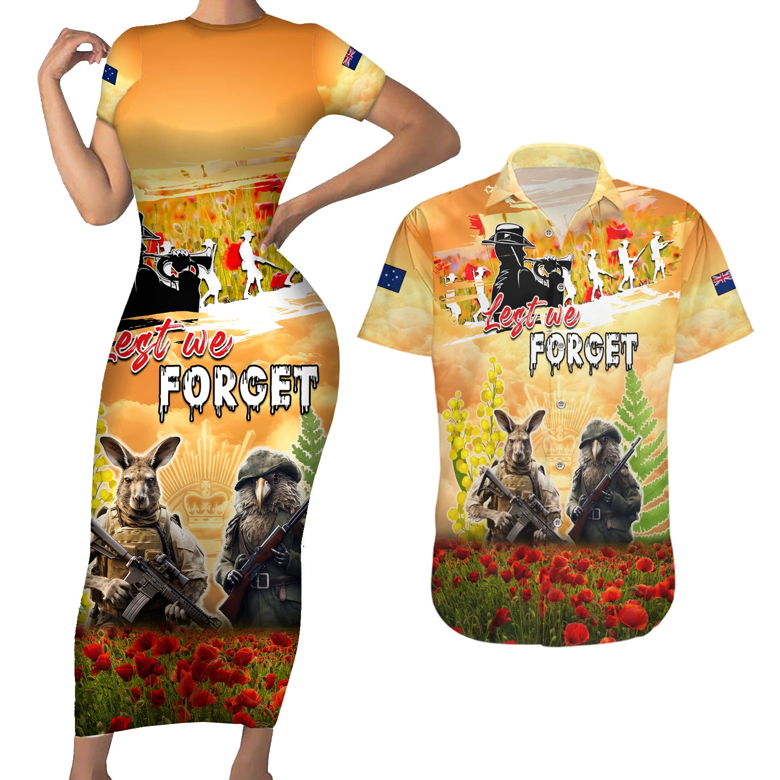 Australia And New Zealand ANZAC Day Couples Matching Short Sleeve Bodycon Dress and Hawaiian Shirt Kangaroo And Kiwi Bird Soldiers Lest We Forget