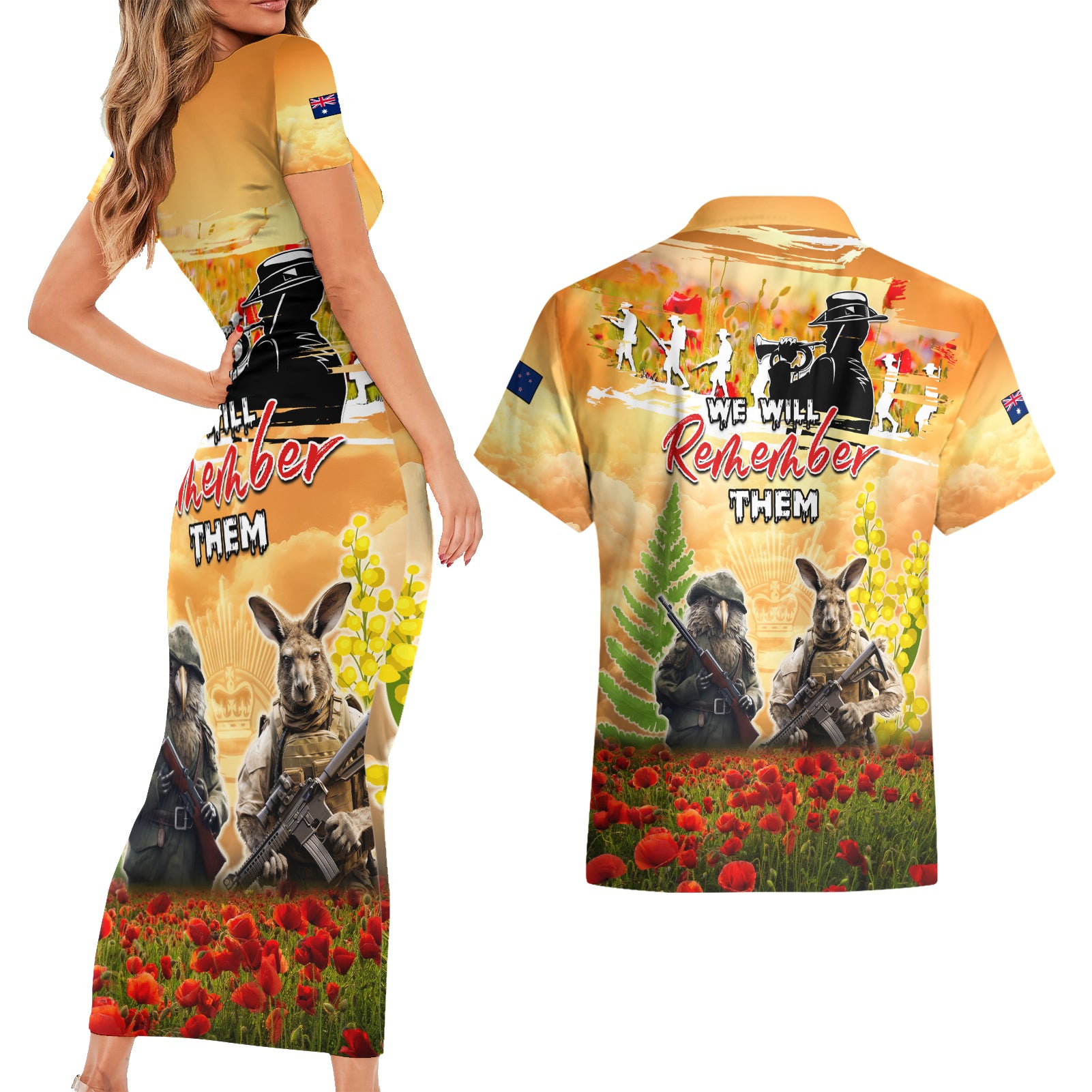 Australia And New Zealand ANZAC Day Couples Matching Short Sleeve Bodycon Dress and Hawaiian Shirt Kangaroo And Kiwi Bird Soldiers Lest We Forget