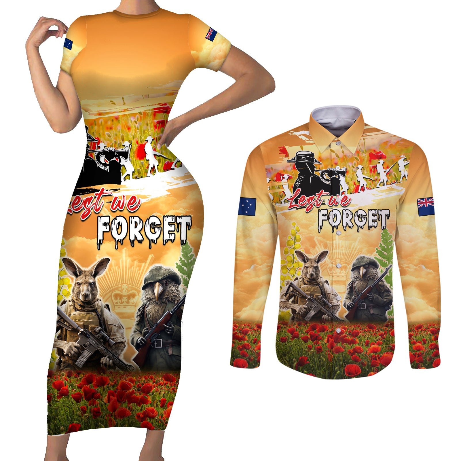 Australia And New Zealand ANZAC Day Couples Matching Short Sleeve Bodycon Dress and Long Sleeve Button Shirt Kangaroo And Kiwi Bird Soldiers Lest We Forget