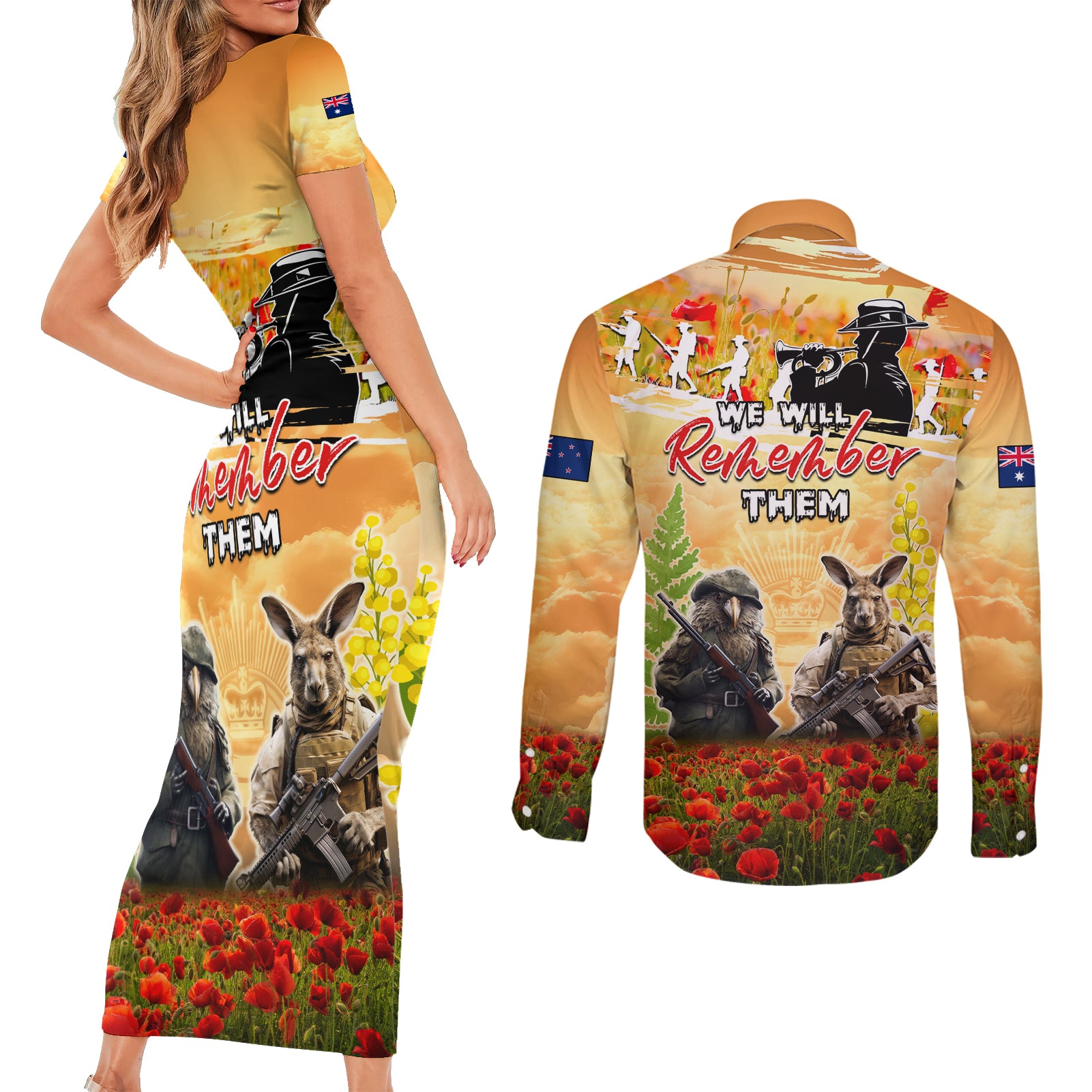 Australia And New Zealand ANZAC Day Couples Matching Short Sleeve Bodycon Dress and Long Sleeve Button Shirt Kangaroo And Kiwi Bird Soldiers Lest We Forget