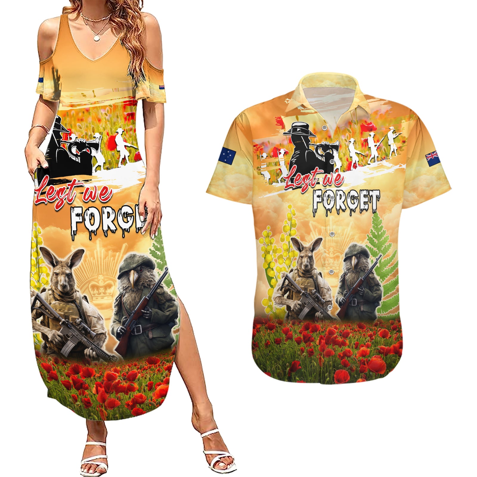 Australia And New Zealand ANZAC Day Couples Matching Summer Maxi Dress and Hawaiian Shirt Kangaroo And Kiwi Bird Soldiers Lest We Forget