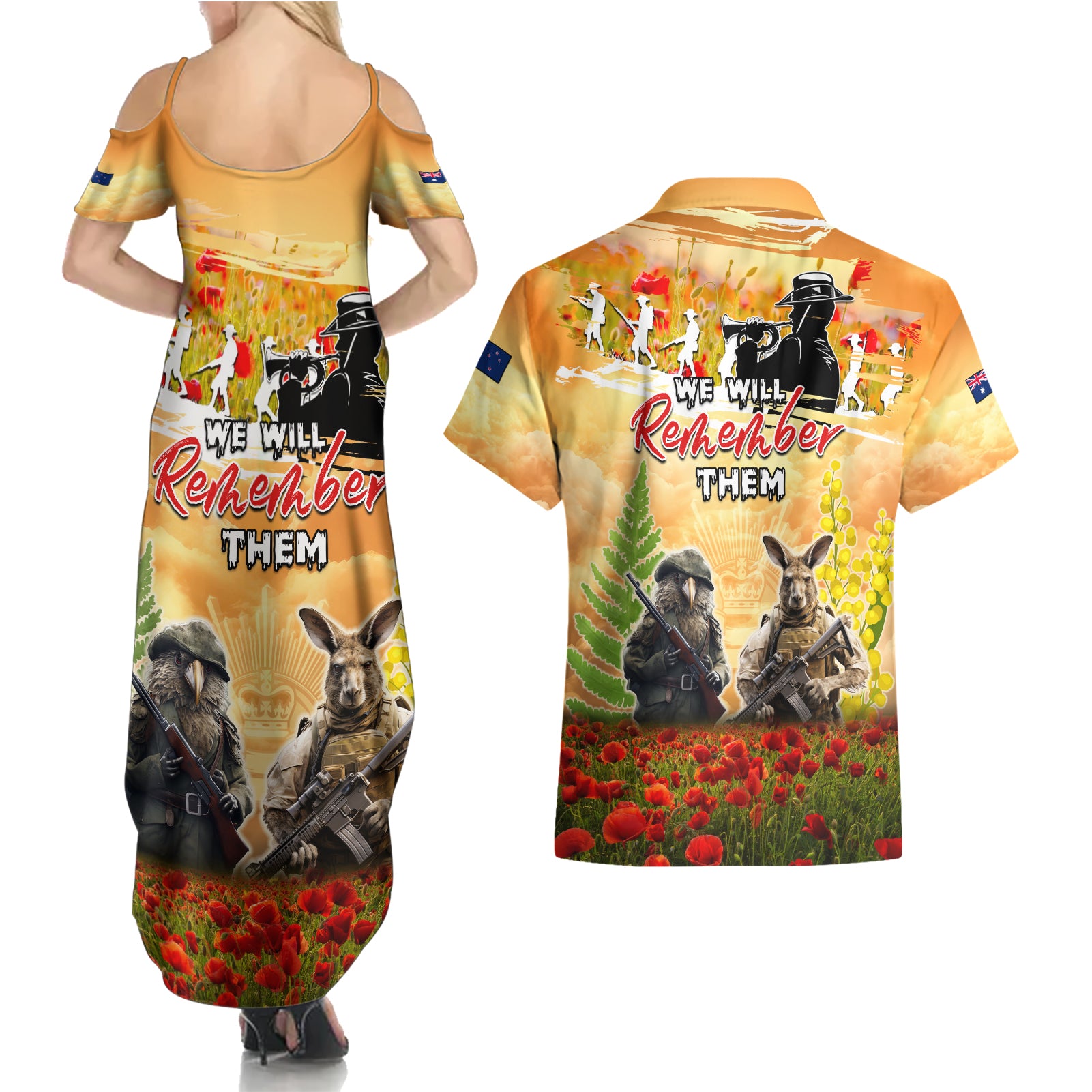 Australia And New Zealand ANZAC Day Couples Matching Summer Maxi Dress and Hawaiian Shirt Kangaroo And Kiwi Bird Soldiers Lest We Forget