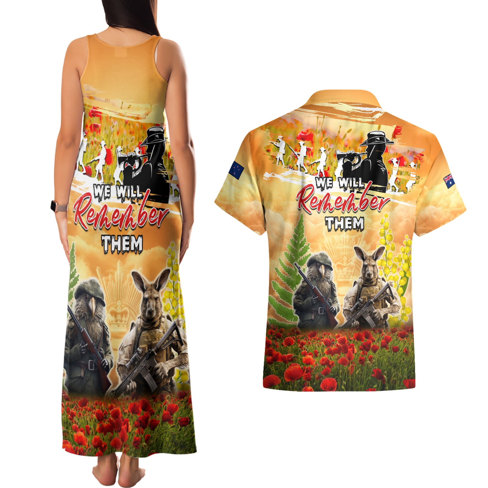Australia And New Zealand ANZAC Day Couples Matching Tank Maxi Dress and Hawaiian Shirt Kangaroo And Kiwi Bird Soldiers Lest We Forget