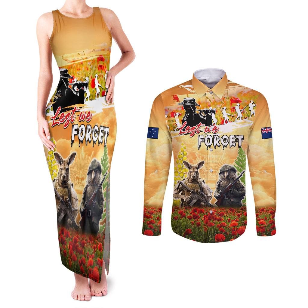 Australia And New Zealand ANZAC Day Couples Matching Tank Maxi Dress and Long Sleeve Button Shirt Kangaroo And Kiwi Bird Soldiers Lest We Forget