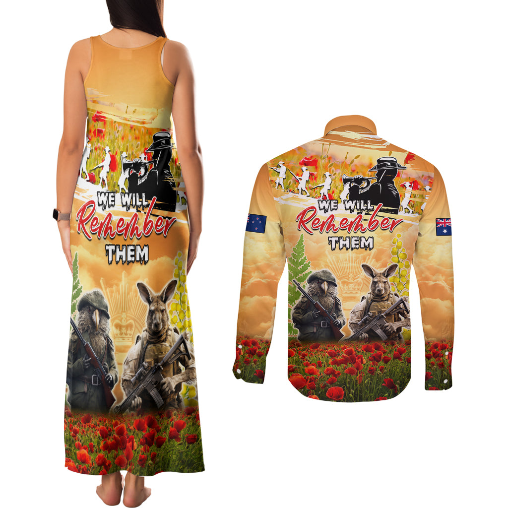Australia And New Zealand ANZAC Day Couples Matching Tank Maxi Dress and Long Sleeve Button Shirt Kangaroo And Kiwi Bird Soldiers Lest We Forget