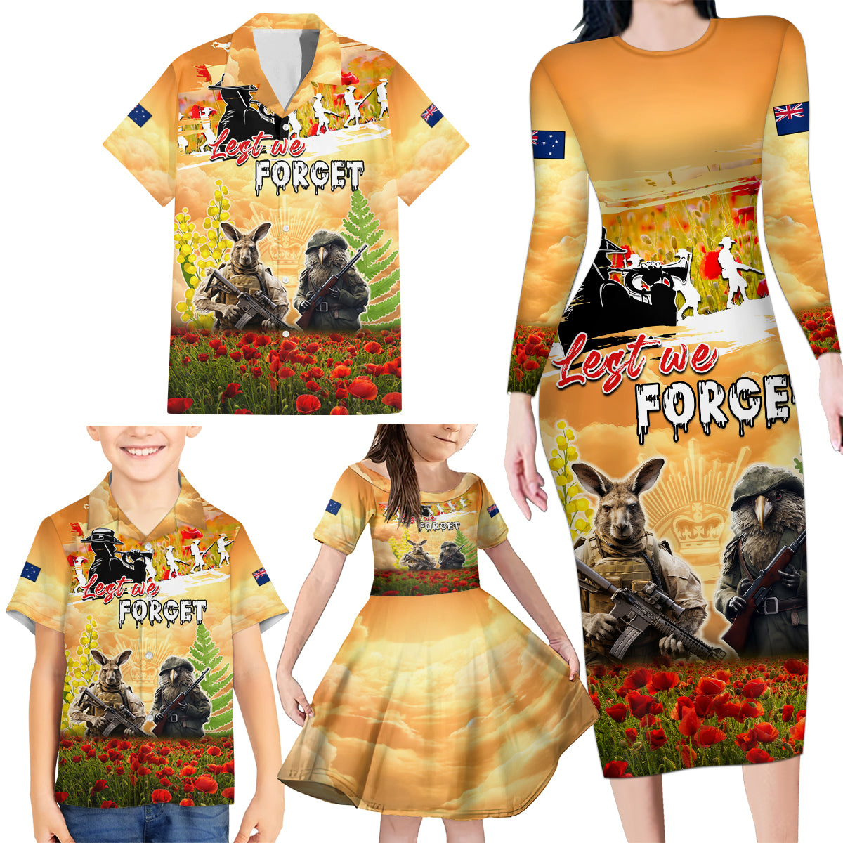 Australia And New Zealand ANZAC Day Family Matching Long Sleeve Bodycon Dress and Hawaiian Shirt Kangaroo And Kiwi Bird Soldiers Lest We Forget