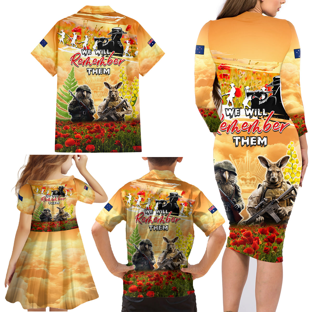 Australia And New Zealand ANZAC Day Family Matching Long Sleeve Bodycon Dress and Hawaiian Shirt Kangaroo And Kiwi Bird Soldiers Lest We Forget
