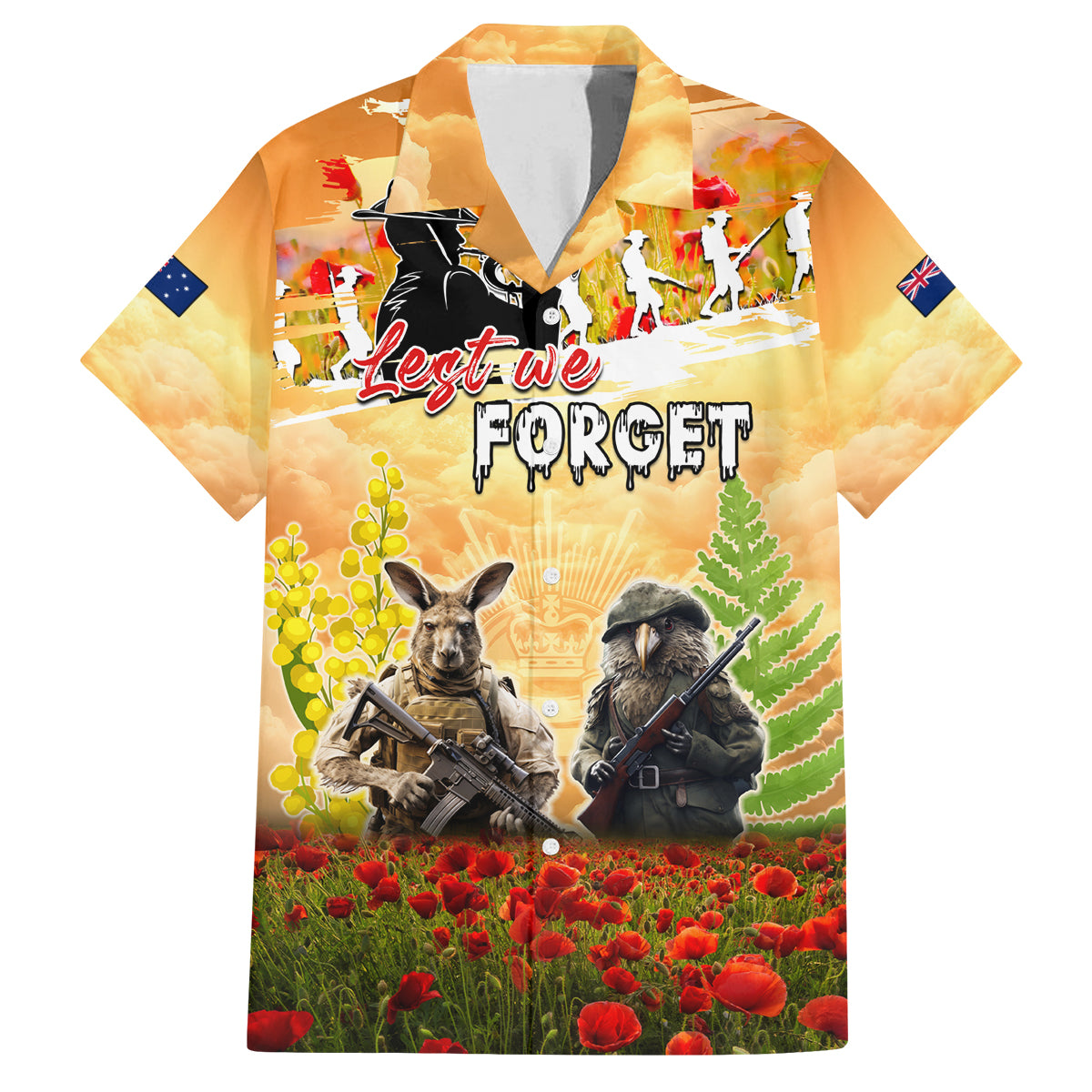 Australia And New Zealand ANZAC Day Family Matching Long Sleeve Bodycon Dress and Hawaiian Shirt Kangaroo And Kiwi Bird Soldiers Lest We Forget