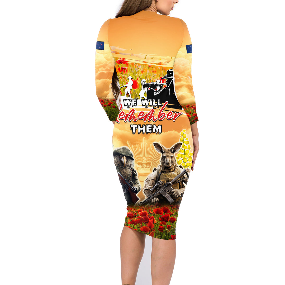 Australia And New Zealand ANZAC Day Family Matching Long Sleeve Bodycon Dress and Hawaiian Shirt Kangaroo And Kiwi Bird Soldiers Lest We Forget