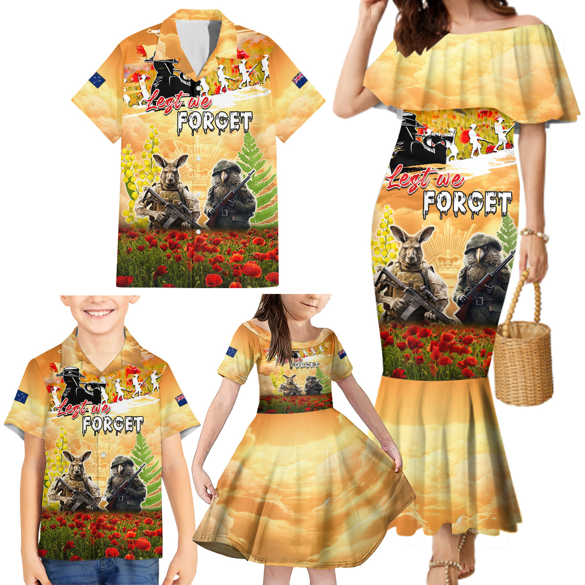 Australia And New Zealand ANZAC Day Family Matching Mermaid Dress and Hawaiian Shirt Kangaroo And Kiwi Bird Soldiers Lest We Forget