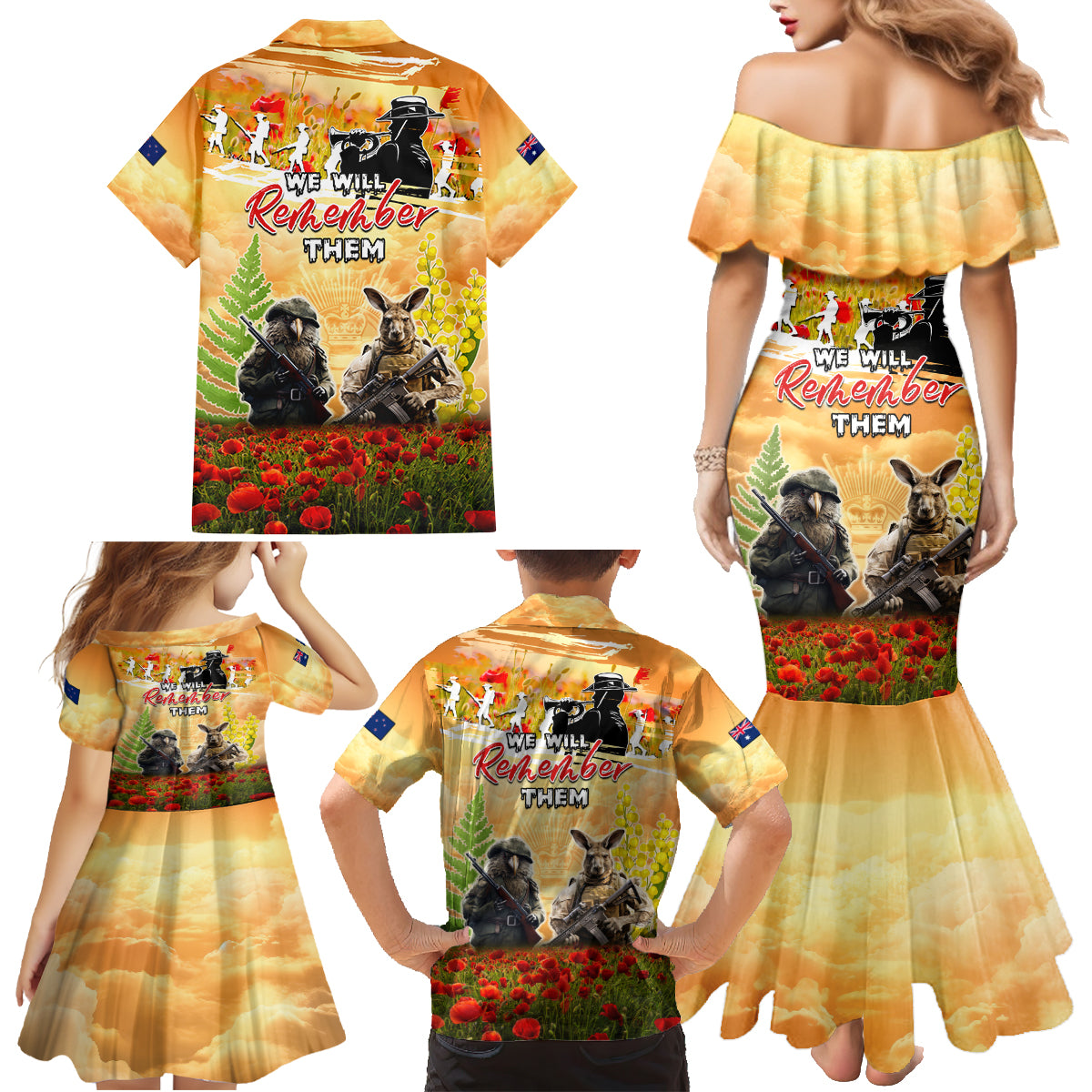 Australia And New Zealand ANZAC Day Family Matching Mermaid Dress and Hawaiian Shirt Kangaroo And Kiwi Bird Soldiers Lest We Forget