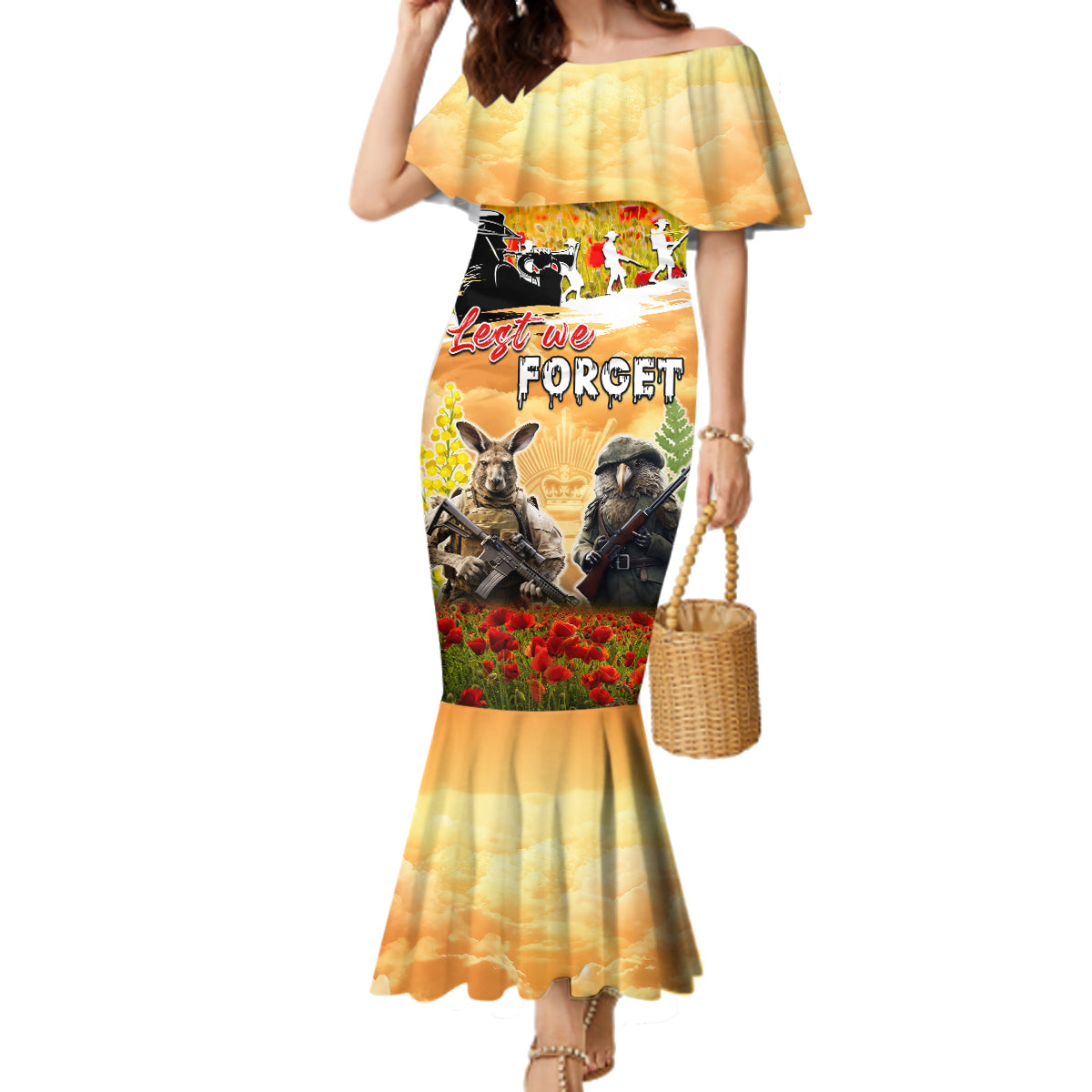 Australia And New Zealand ANZAC Day Family Matching Mermaid Dress and Hawaiian Shirt Kangaroo And Kiwi Bird Soldiers Lest We Forget