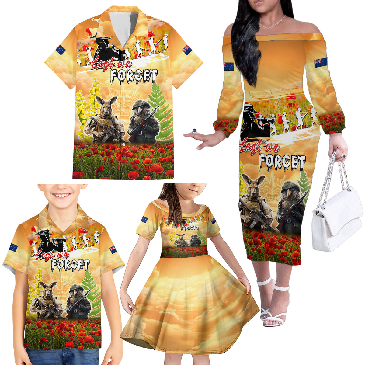 Australia And New Zealand ANZAC Day Family Matching Off The Shoulder Long Sleeve Dress and Hawaiian Shirt Kangaroo And Kiwi Bird Soldiers Lest We Forget