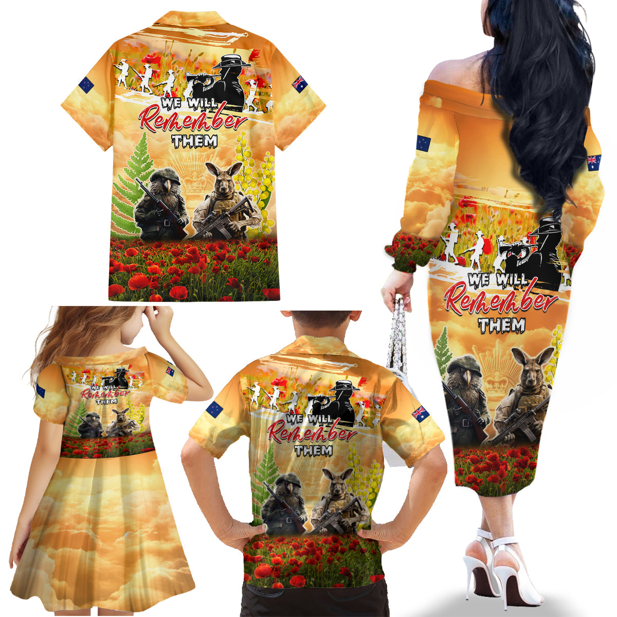 Australia And New Zealand ANZAC Day Family Matching Off The Shoulder Long Sleeve Dress and Hawaiian Shirt Kangaroo And Kiwi Bird Soldiers Lest We Forget