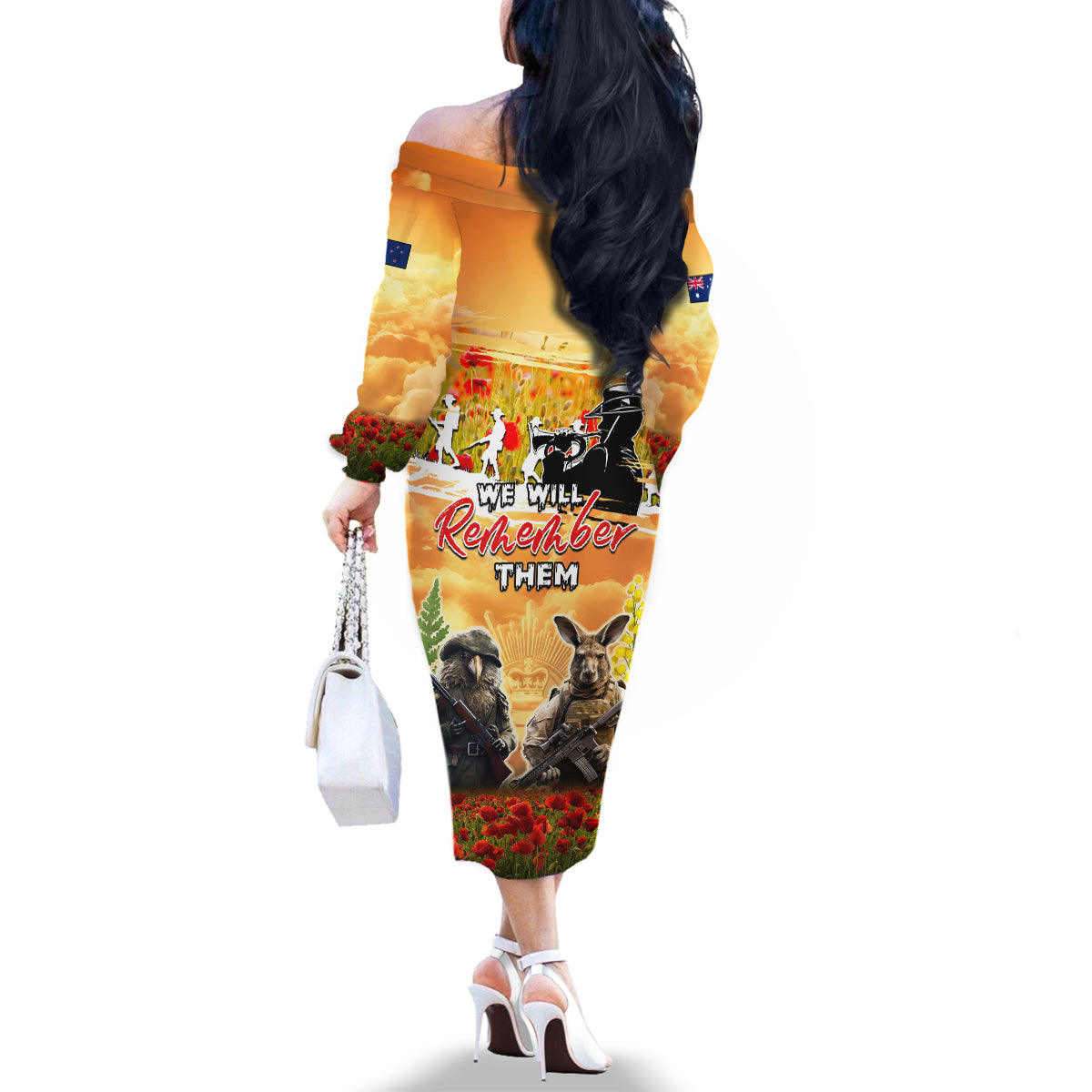 Australia And New Zealand ANZAC Day Family Matching Off The Shoulder Long Sleeve Dress and Hawaiian Shirt Kangaroo And Kiwi Bird Soldiers Lest We Forget