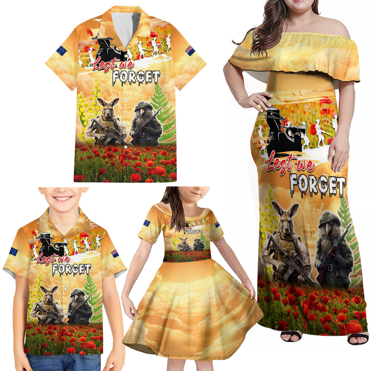 Australia And New Zealand ANZAC Day Family Matching Off Shoulder Maxi Dress and Hawaiian Shirt Kangaroo And Kiwi Bird Soldiers Lest We Forget