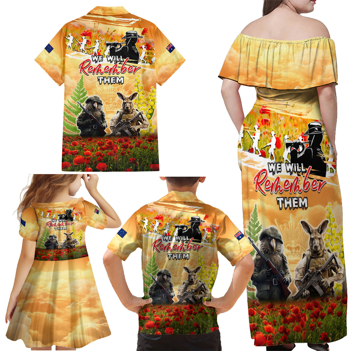 Australia And New Zealand ANZAC Day Family Matching Off Shoulder Maxi Dress and Hawaiian Shirt Kangaroo And Kiwi Bird Soldiers Lest We Forget