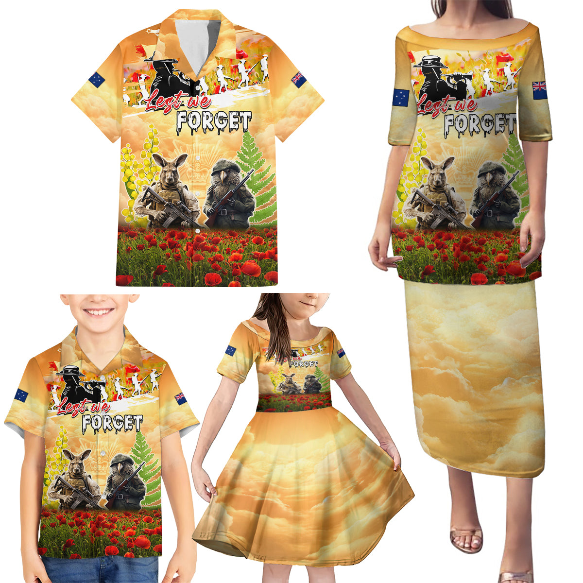 Australia And New Zealand ANZAC Day Family Matching Puletasi and Hawaiian Shirt Kangaroo And Kiwi Bird Soldiers Lest We Forget