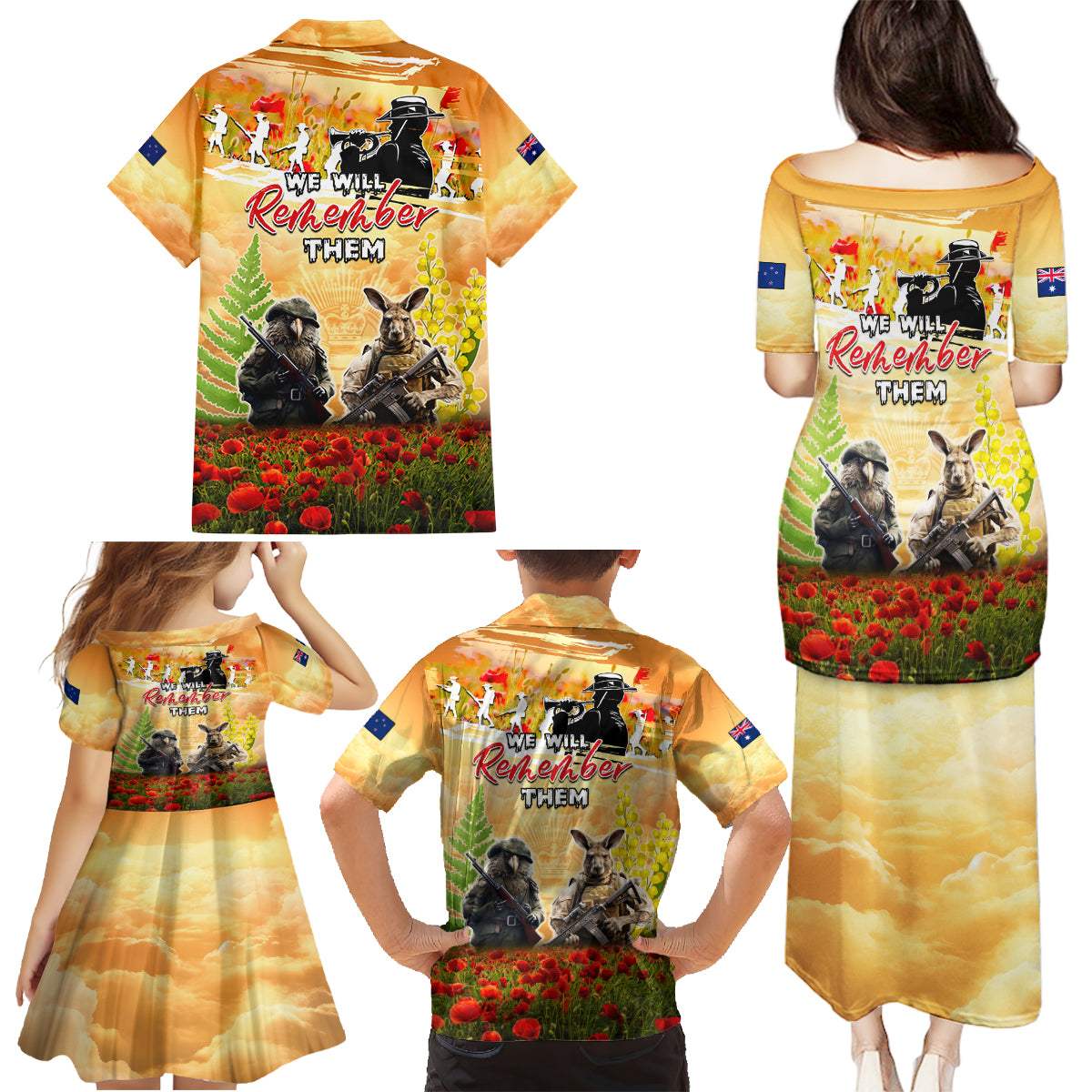 Australia And New Zealand ANZAC Day Family Matching Puletasi and Hawaiian Shirt Kangaroo And Kiwi Bird Soldiers Lest We Forget