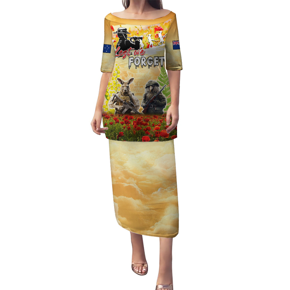 Australia And New Zealand ANZAC Day Family Matching Puletasi and Hawaiian Shirt Kangaroo And Kiwi Bird Soldiers Lest We Forget