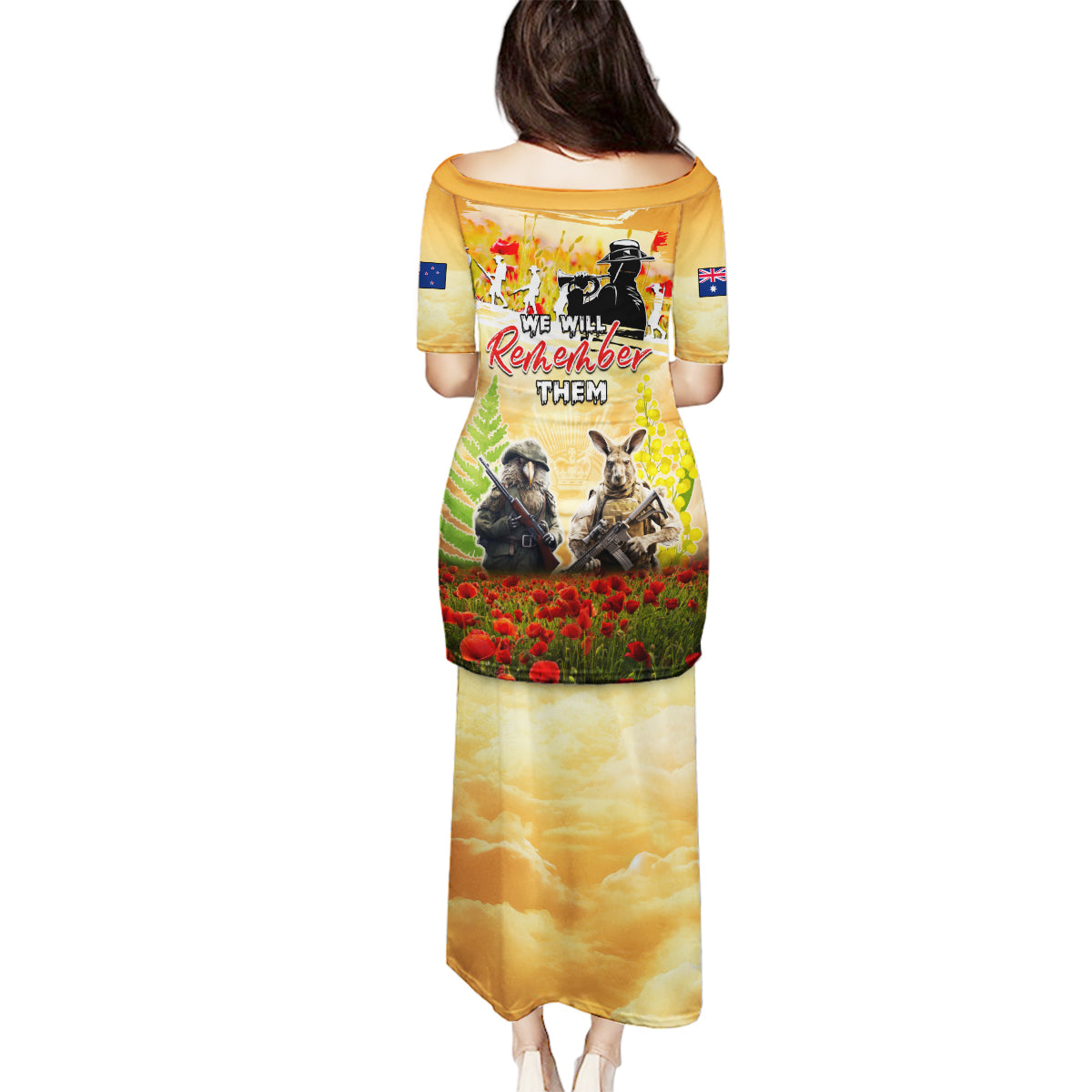 Australia And New Zealand ANZAC Day Family Matching Puletasi and Hawaiian Shirt Kangaroo And Kiwi Bird Soldiers Lest We Forget