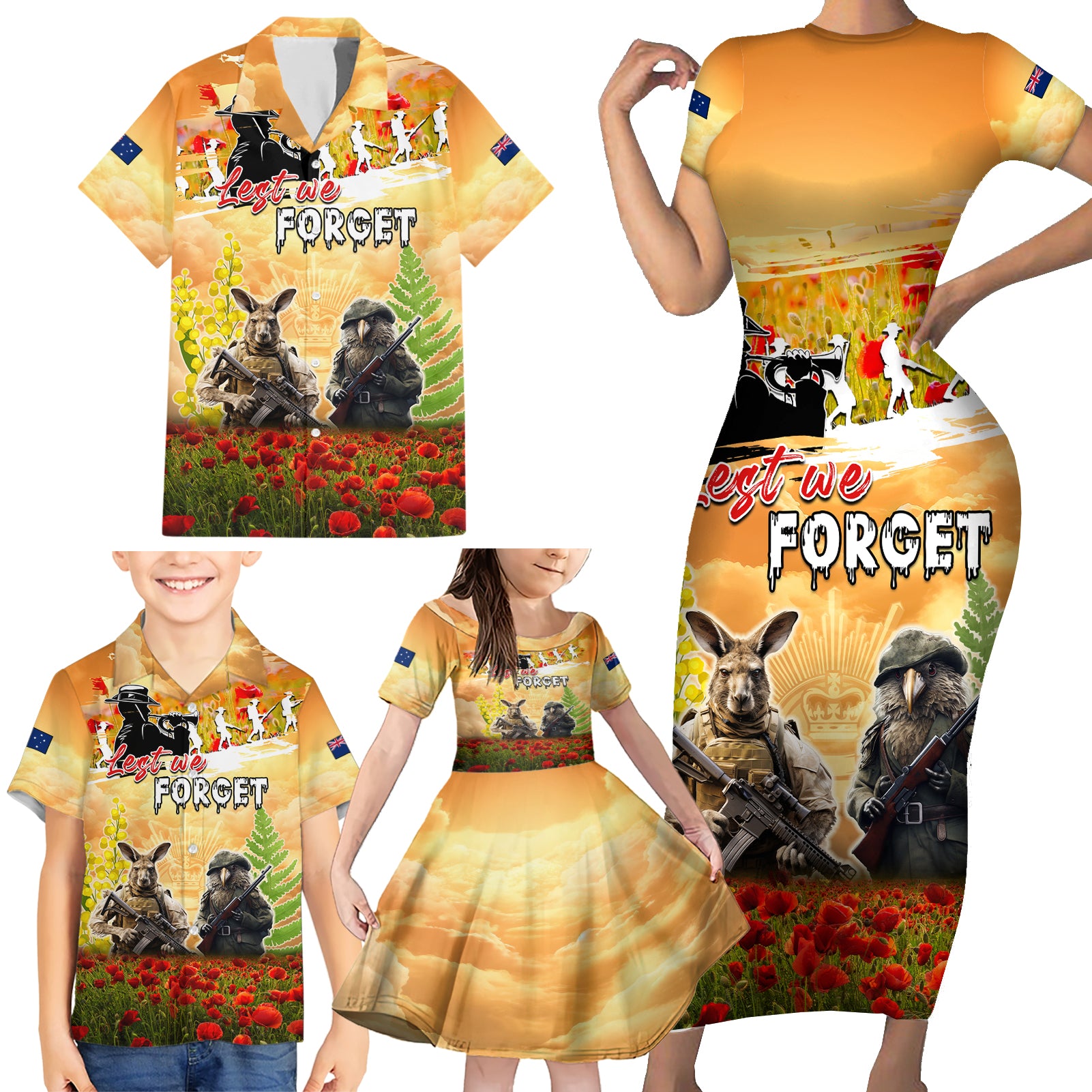 Australia And New Zealand ANZAC Day Family Matching Short Sleeve Bodycon Dress and Hawaiian Shirt Kangaroo And Kiwi Bird Soldiers Lest We Forget