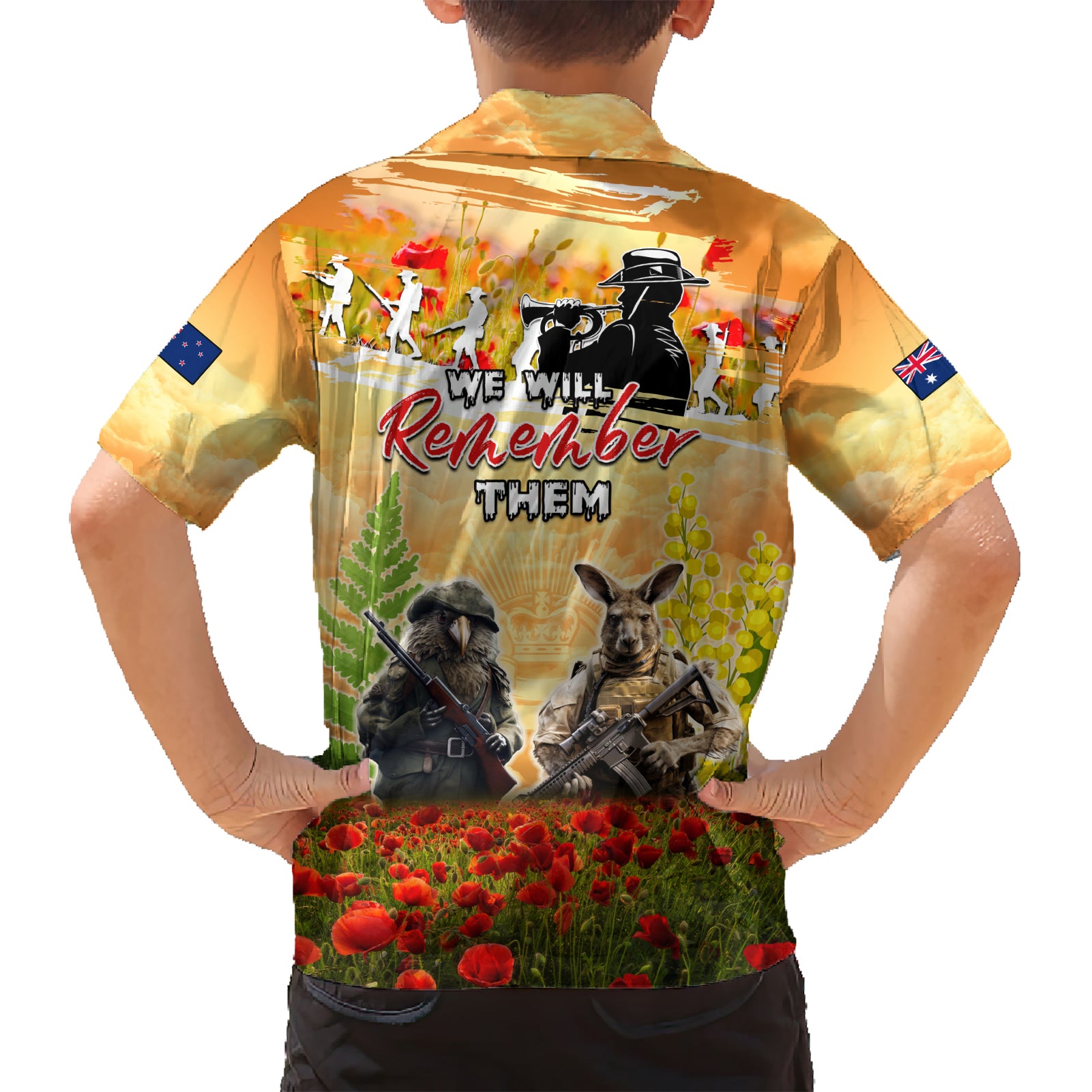 Australia And New Zealand ANZAC Day Family Matching Short Sleeve Bodycon Dress and Hawaiian Shirt Kangaroo And Kiwi Bird Soldiers Lest We Forget