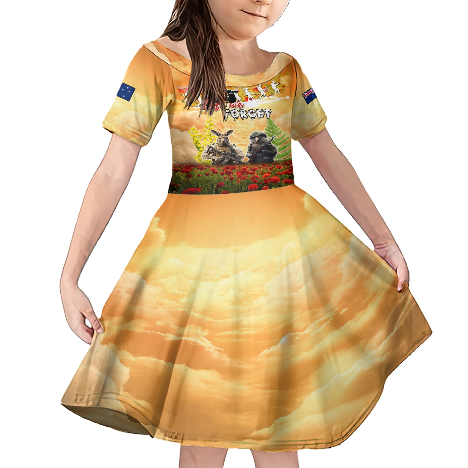 Australia And New Zealand ANZAC Day Family Matching Short Sleeve Bodycon Dress and Hawaiian Shirt Kangaroo And Kiwi Bird Soldiers Lest We Forget