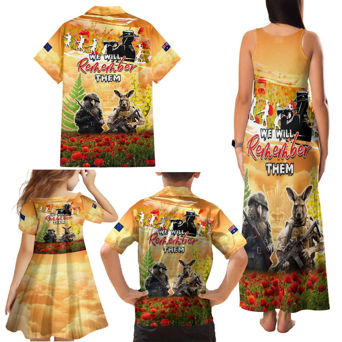Australia And New Zealand ANZAC Day Family Matching Tank Maxi Dress and Hawaiian Shirt Kangaroo And Kiwi Bird Soldiers Lest We Forget