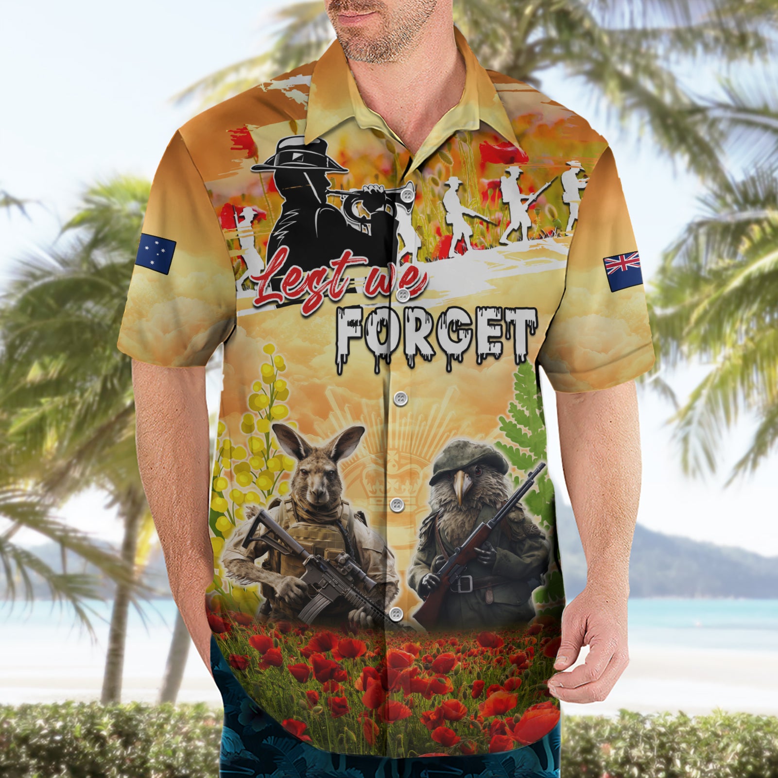 Australia And New Zealand ANZAC Day Hawaiian Shirt Kangaroo And Kiwi Bird Soldiers Lest We Forget LT05 - Vibe Hoodie Shop