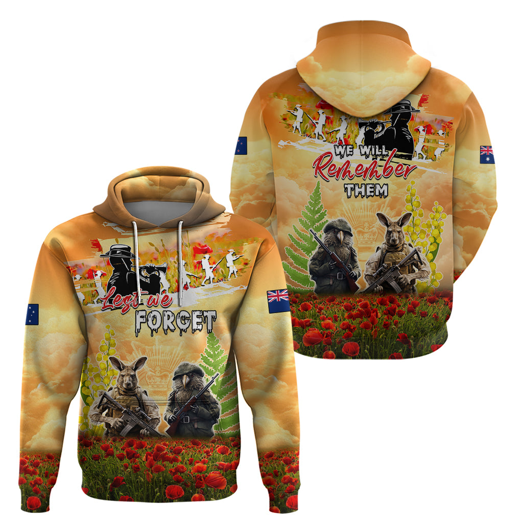 Australia And New Zealand ANZAC Day Hoodie Kangaroo And Kiwi Bird Soldiers Lest We Forget LT05 - Vibe Hoodie Shop