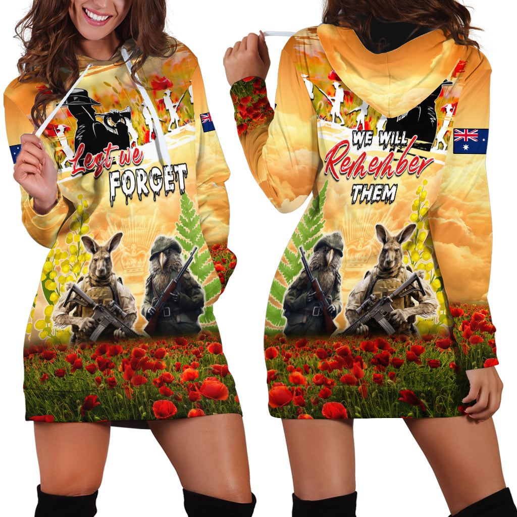 Australia And New Zealand ANZAC Day Hoodie Dress Kangaroo And Kiwi Bird Soldiers Lest We Forget LT05 - Vibe Hoodie Shop