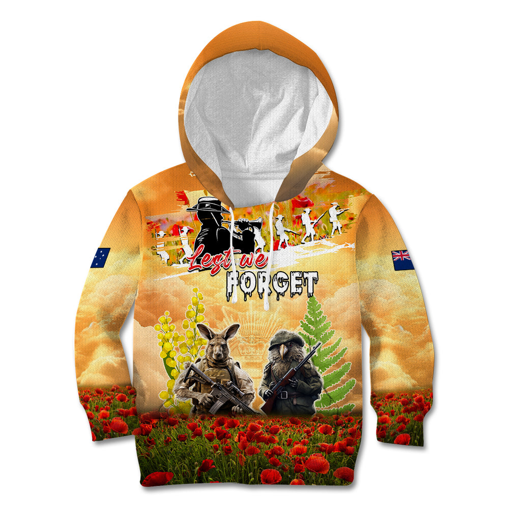 Australia And New Zealand ANZAC Day Kid Hoodie Kangaroo And Kiwi Bird Soldiers Lest We Forget LT05 - Vibe Hoodie Shop