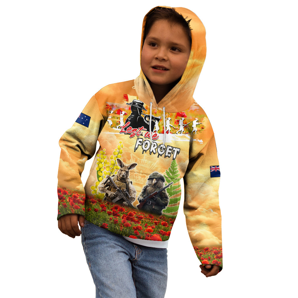 Australia And New Zealand ANZAC Day Kid Hoodie Kangaroo And Kiwi Bird Soldiers Lest We Forget LT05 - Vibe Hoodie Shop
