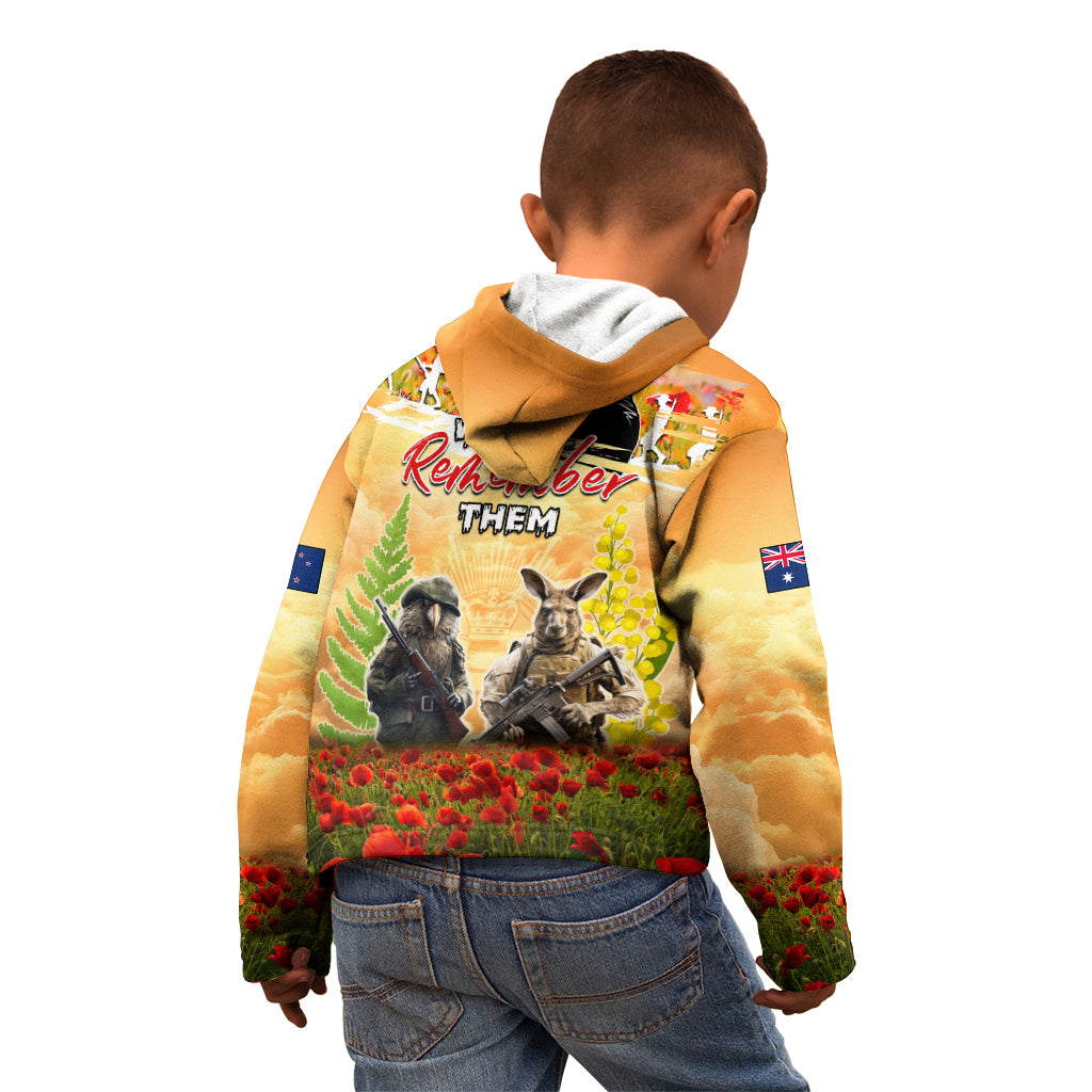 Australia And New Zealand ANZAC Day Kid Hoodie Kangaroo And Kiwi Bird Soldiers Lest We Forget LT05 - Vibe Hoodie Shop