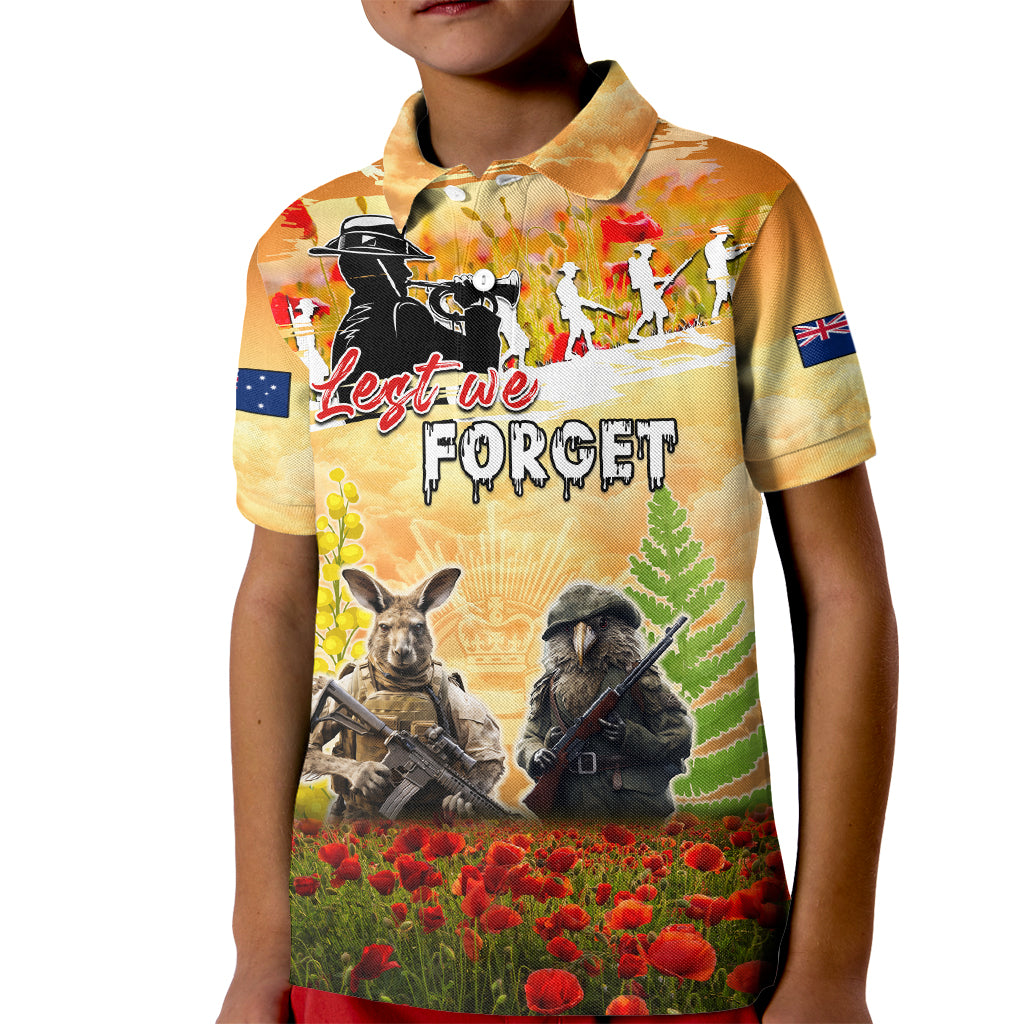 Australia And New Zealand ANZAC Day Kid Polo Shirt Kangaroo And Kiwi Bird Soldiers Lest We Forget LT05 - Vibe Hoodie Shop