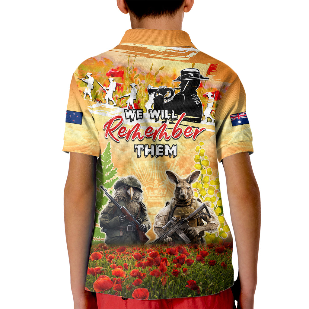 Australia And New Zealand ANZAC Day Kid Polo Shirt Kangaroo And Kiwi Bird Soldiers Lest We Forget LT05 - Vibe Hoodie Shop
