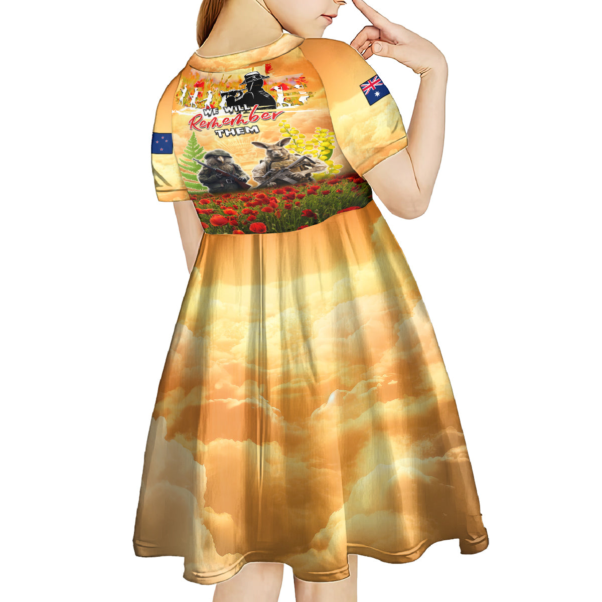 Australia And New Zealand ANZAC Day Kid Short Sleeve Dress Kangaroo And Kiwi Bird Soldiers Lest We Forget LT05 - Vibe Hoodie Shop