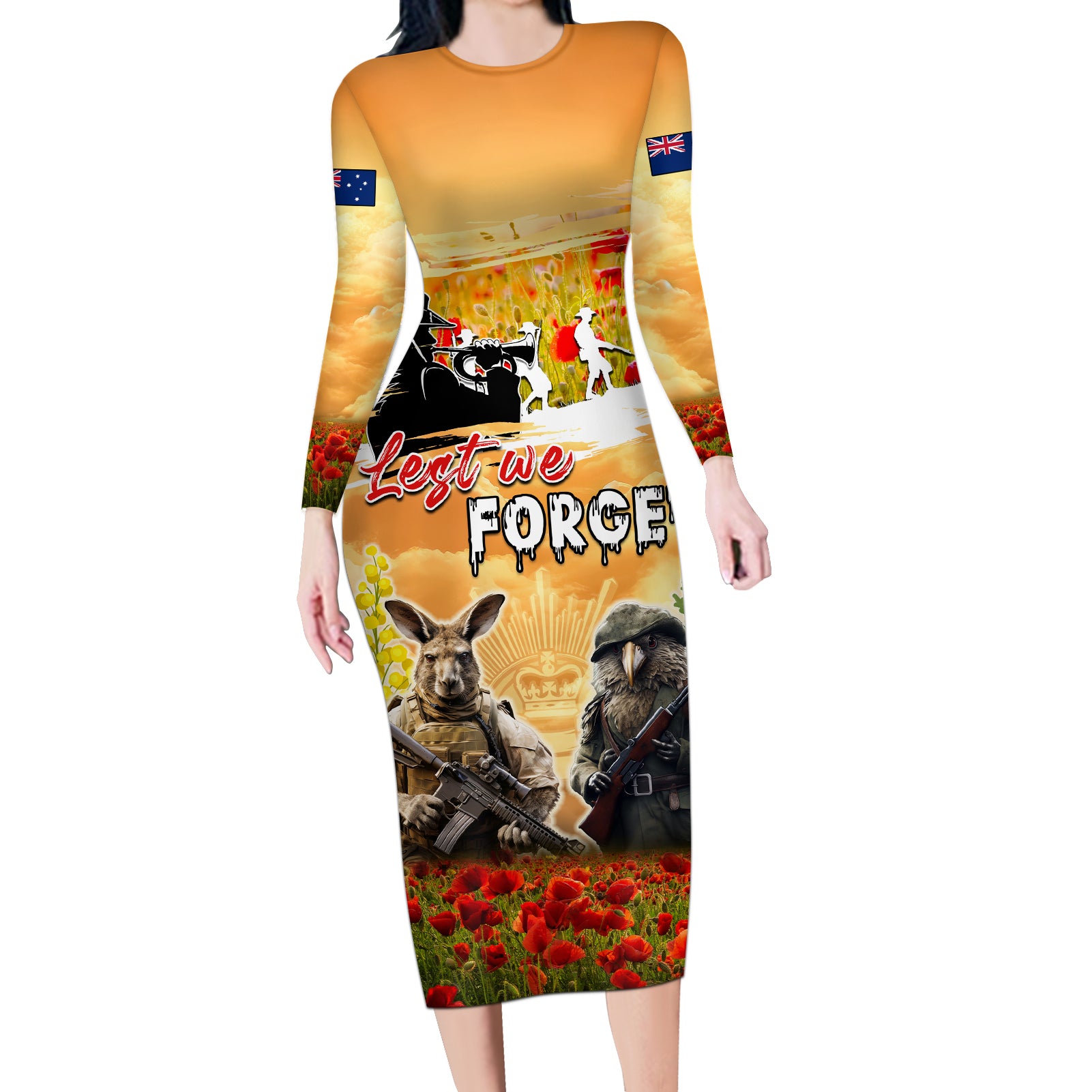 Australia And New Zealand ANZAC Day Long Sleeve Bodycon Dress Kangaroo And Kiwi Bird Soldiers Lest We Forget