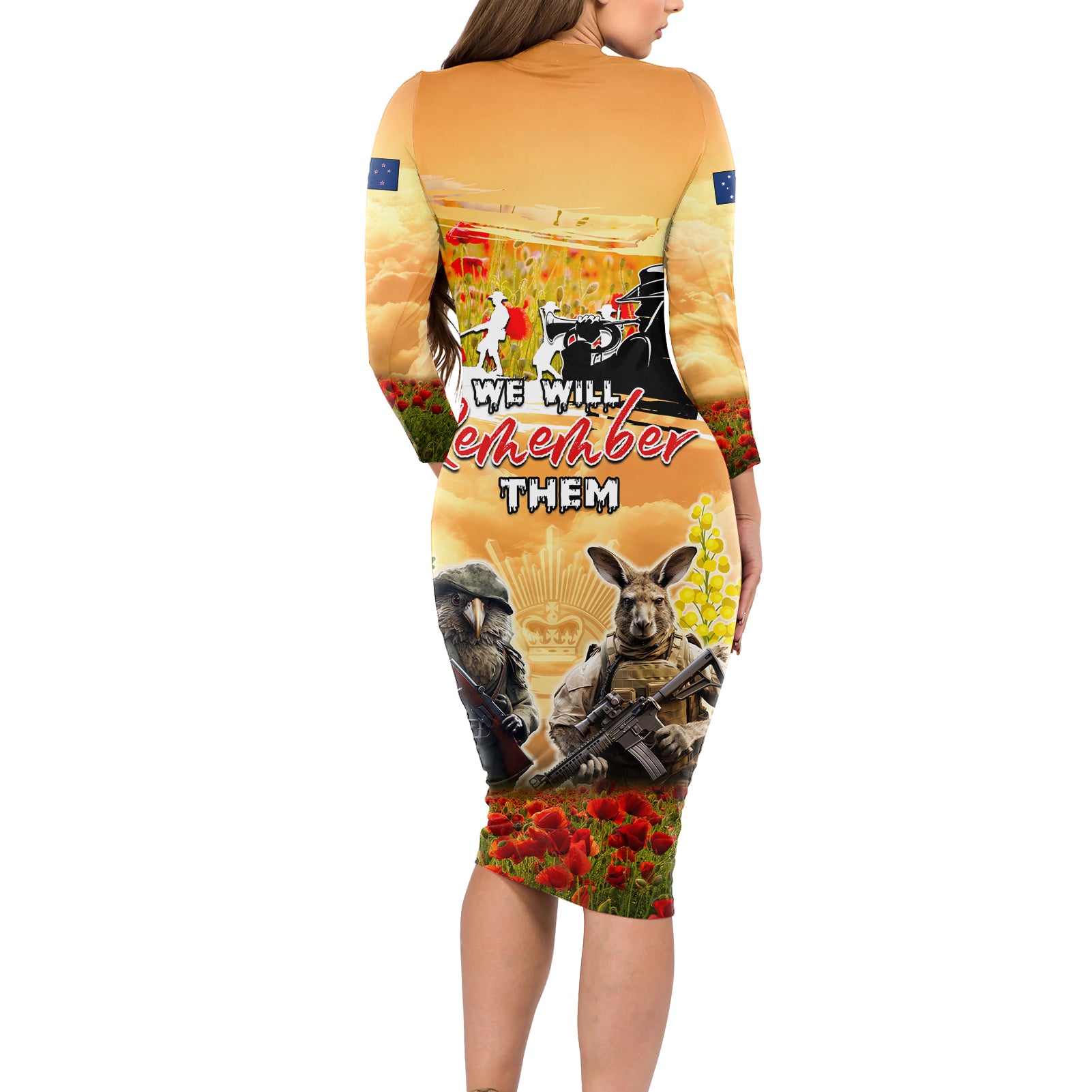 Australia And New Zealand ANZAC Day Long Sleeve Bodycon Dress Kangaroo And Kiwi Bird Soldiers Lest We Forget