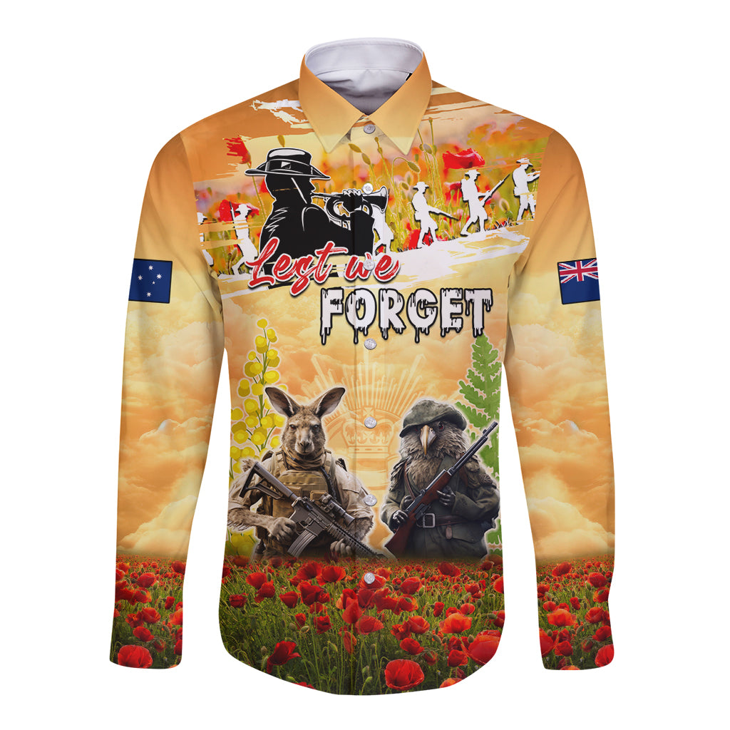 Australia And New Zealand ANZAC Day Long Sleeve Button Shirt Kangaroo And Kiwi Bird Soldiers Lest We Forget LT05 - Vibe Hoodie Shop